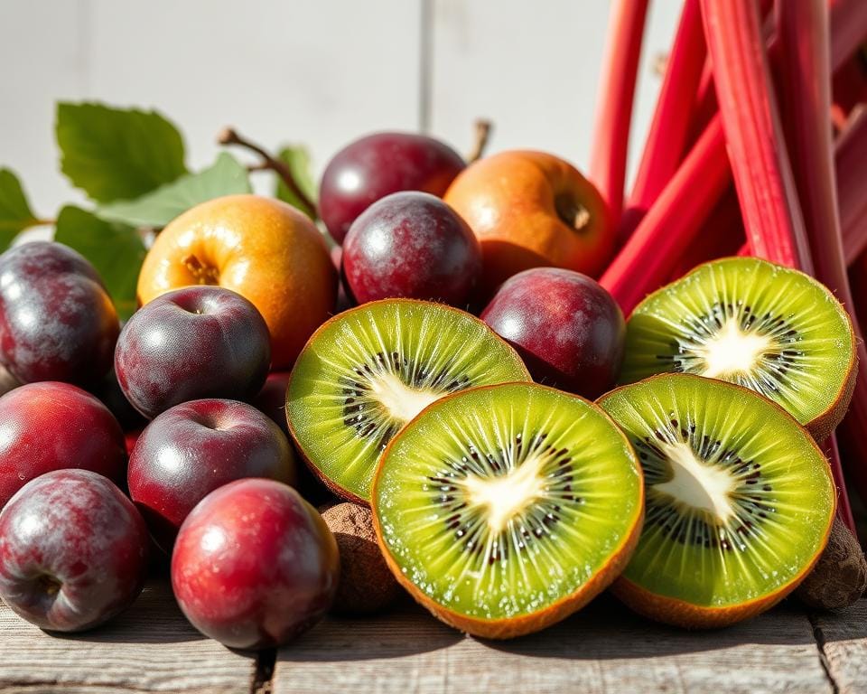 A bountiful still life of high-oxalate fruits, bathed in soft, natural light. Juicy plums, tangy kiwi, and tart rhubarb stalks, their vibrant hues accentuated by the muted tones of a rustic wooden table. The composition captures the diverse textures and shapes of these nutritious, yet moderately high-oxalate produce. Minimal shadows and a crisp, high-detail rendering emphasize the freshness and appeal of these flavorful, yet cautionary fruits. A bountiful still life of high-oxalate fruits, bathed in soft, natural light. Juicy plums, tangy kiwi, and tart rhubarb stalks, their vibrant hues accentuated by the muted tones of a rustic wooden table. The composition captures the diverse textures and shapes of these nutritious, yet moderately high-oxalate produce. Minimal shadows and a crisp, high-detail rendering emphasize the freshness and appeal of these flavorful, yet cautionary fruits.