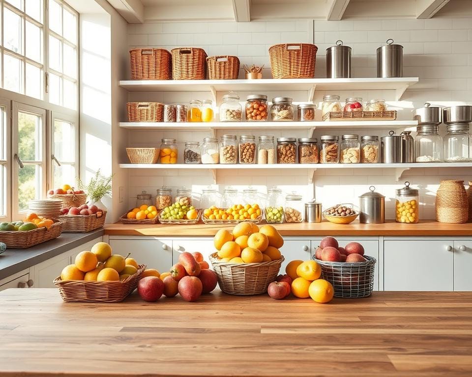 A bright, airy kitchen interior with a large wooden table in the foreground, showcasing various storage solutions. Rows of wicker baskets, glass jars, and metal canisters line the shelves, creating a visually appealing and organized display. Soft natural light filters through large windows, illuminating the scene and casting gentle shadows. The overall atmosphere is clean, fresh, and inviting, with a focus on practical and stylish storage methods for preserving and displaying fruits and other produce. A bright, airy kitchen interior with a large wooden table in the foreground, showcasing various storage solutions. Rows of wicker baskets, glass jars, and metal canisters line the shelves, creating a visually appealing and organized display. Soft natural light filters through large windows, illuminating the scene and casting gentle shadows. The overall atmosphere is clean, fresh, and inviting, with a focus on practical and stylish storage methods for preserving and displaying fruits and other produce.