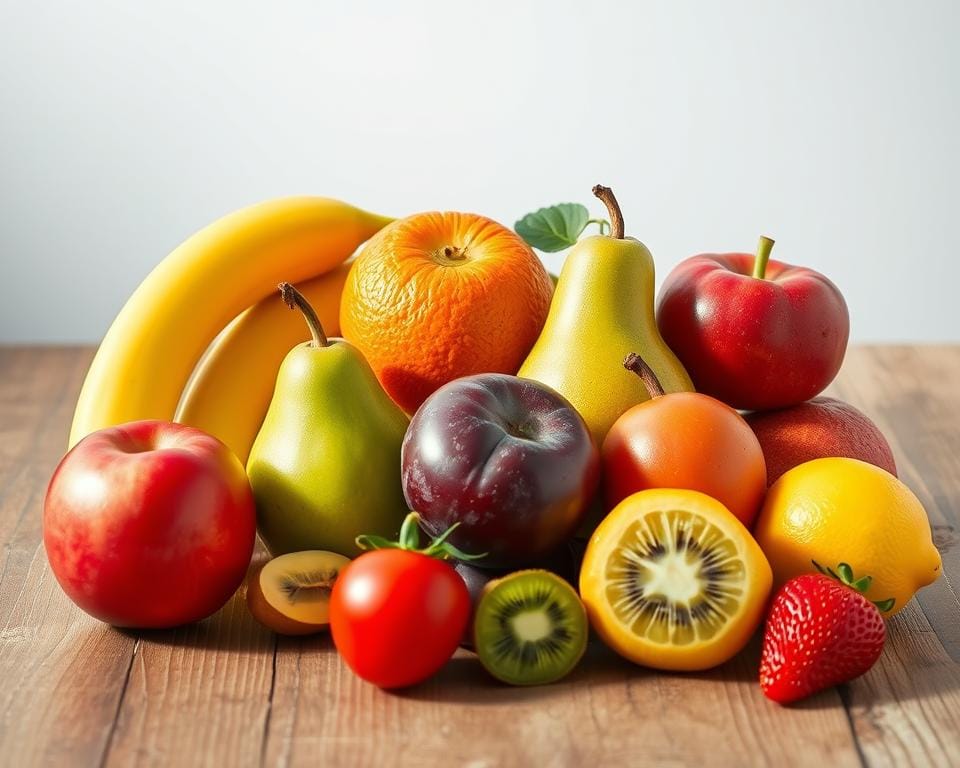 A still life arrangement of nine ripe, climacteric fruits on a rustic wooden surface, bathed in soft, natural daylight. The fruits include a yellow banana, a red apple, an orange, a green pear, a purple plum, a red tomato, a green kiwi, a red strawberry, and a yellow lemon. Each fruit is depicted with meticulous detail, highlighting its unique textures, colors, and shapes. The composition is balanced and visually appealing, showcasing the diverse and vibrant selection of climacteric fruits. The lighting is gentle, creating a warm and inviting atmosphere, free of harsh shadows, allowing the viewer to fully appreciate the fresh, ripe quality of the produce. A still life arrangement of nine ripe, climacteric fruits on a rustic wooden surface, bathed in soft, natural daylight. The fruits include a yellow banana, a red apple, an orange, a green pear, a purple plum, a red tomato, a green kiwi, a red strawberry, and a yellow lemon. Each fruit is depicted with meticulous detail, highlighting its unique textures, colors, and shapes. The composition is balanced and visually appealing, showcasing the diverse and vibrant selection of climacteric fruits. The lighting is gentle, creating a warm and inviting atmosphere, free of harsh shadows, allowing the viewer to fully appreciate the fresh, ripe quality of the produce.