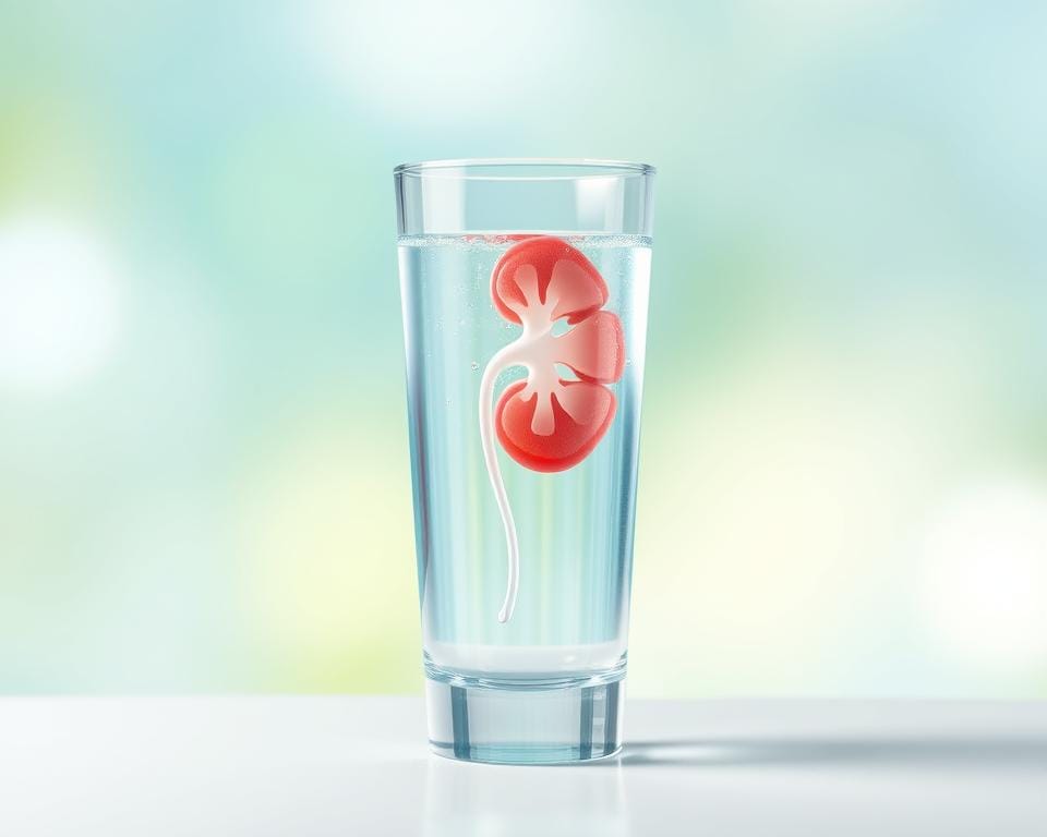 A vibrant, high-resolution illustration depicting a glass of crystal-clear water with a subtle blue hue, positioned in the foreground. Suspended within the water, a delicate, three-dimensional representation of a human kidney, subtly glowing with an internal light. In the middle ground, a transparent, stylized depiction of urine flowing from the kidney into the glass, creating a seamless visual connection between the two elements. The background features a soft, blurred gradient of soothing greens and blues, evoking a sense of natural harmony and hydration. The overall composition conveys a clear, educational message about the importance of proper hydration for kidney health and the prevention of kidney stones. A vibrant, high-resolution illustration depicting a glass of crystal-clear water with a subtle blue hue, positioned in the foreground. Suspended within the water, a delicate, three-dimensional representation of a human kidney, subtly glowing with an internal light. In the middle ground, a transparent, stylized depiction of urine flowing from the kidney into the glass, creating a seamless visual connection between the two elements. The background features a soft, blurred gradient of soothing greens and blues, evoking a sense of natural harmony and hydration. The overall composition conveys a clear, educational message about the importance of proper hydration for kidney health and the prevention of kidney stones.
