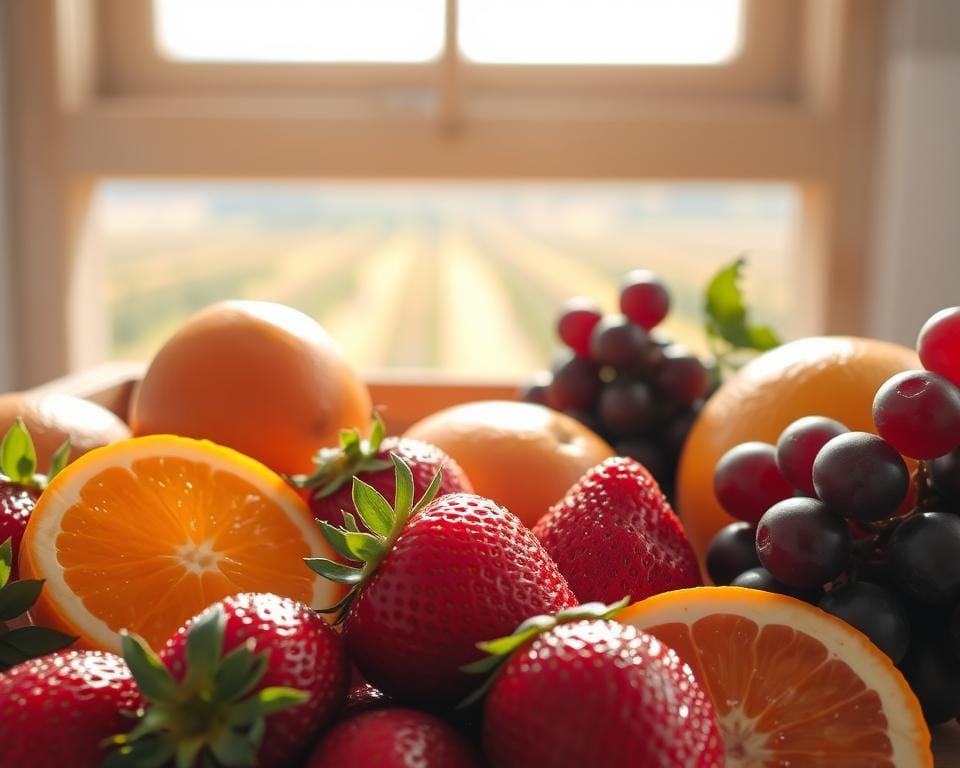 A warm, sun-dappled still life featuring an array of ripe, juicy fruits in the foreground. Plump, glistening strawberries, vibrant orange slices, and a cluster of deep purple grapes. Detailed textures and lush, saturated hues create a sense of tactile richness. The middle ground showcases a wooden crate or basket, its rustic surface contrasting with the succulent produce. In the background, a soft, blurred landscape suggests an orchard or garden, hinting at the fruit's natural origins. Soft, diffused lighting from an overhead window creates a gentle, inviting atmosphere, highlighting the fruits' natural beauty without harsh shadows. A warm, sun-dappled still life featuring an array of ripe, juicy fruits in the foreground. Plump, glistening strawberries, vibrant orange slices, and a cluster of deep purple grapes. Detailed textures and lush, saturated hues create a sense of tactile richness. The middle ground showcases a wooden crate or basket, its rustic surface contrasting with the succulent produce. In the background, a soft, blurred landscape suggests an orchard or garden, hinting at the fruit's natural origins. Soft, diffused lighting from an overhead window creates a gentle, inviting atmosphere, highlighting the fruits' natural beauty without harsh shadows.