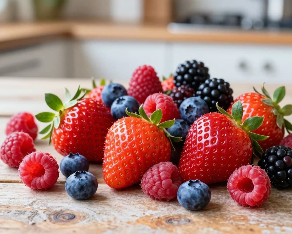 A close-up arrangement of fresh strawberries, raspberries, blueberries, and blackberries on a rustic wooden surface, showcasing their vibrant colors and textures. The strawberries are placed prominently in the foreground, displaying their luscious red hue and leafy green tops. Raspberries and blueberries are artfully scattered around them, contributing bursts of deep red and blue. The lighting is soft daylight, creating a natural glow without harsh shadows, allowing the freshness of each berry to shine through. The background features a blurred kitchen setting to evoke a homey atmosphere. Overall, the image conveys a sense of freshness and vitality, perfect for illustrating berry storage tips. A close-up arrangement of fresh strawberries, raspberries, blueberries, and blackberries on a rustic wooden surface, showcasing their vibrant colors and textures. The strawberries are placed prominently in the foreground, displaying their luscious red hue and leafy green tops. Raspberries and blueberries are artfully scattered around them, contributing bursts of deep red and blue. The lighting is soft daylight, creating a natural glow without harsh shadows, allowing the freshness of each berry to shine through. The background features a blurred kitchen setting to evoke a homey atmosphere. Overall, the image conveys a sense of freshness and vitality, perfect for illustrating berry storage tips.