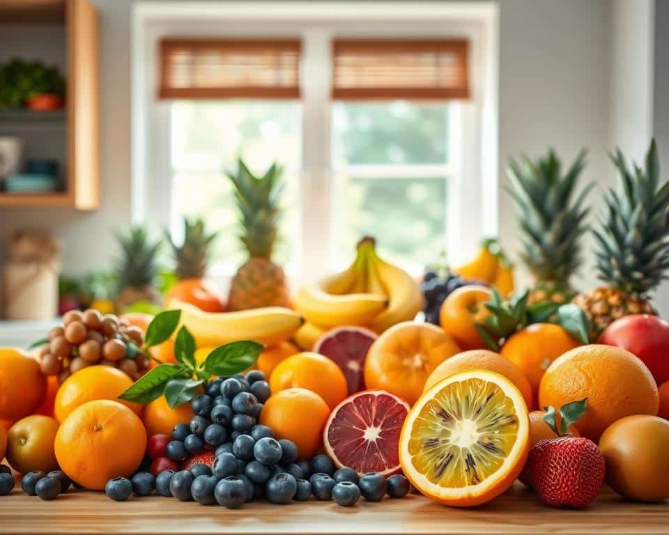 A lush, well-stocked fruit pantry on a sunny kitchen counter. Fresh, brightly colored low-histamine fruits in the foreground, such as blueberries, kiwis, and oranges, arranged in an artful still life. In the middle ground, an assortment of other low-histamine options like bananas, pineapples, and grapefruit. The background features a window with soft, diffused daylight illuminating the scene, creating a warm, inviting atmosphere. The image conveys the idea of building a balanced, nourishing low-histamine diet centered around a variety of flavorful, nutrient-dense fruits. A lush, well-stocked fruit pantry on a sunny kitchen counter. Fresh, brightly colored low-histamine fruits in the foreground, such as blueberries, kiwis, and oranges, arranged in an artful still life. In the middle ground, an assortment of other low-histamine options like bananas, pineapples, and grapefruit. The background features a window with soft, diffused daylight illuminating the scene, creating a warm, inviting atmosphere. The image conveys the idea of building a balanced, nourishing low-histamine diet centered around a variety of flavorful, nutrient-dense fruits.
