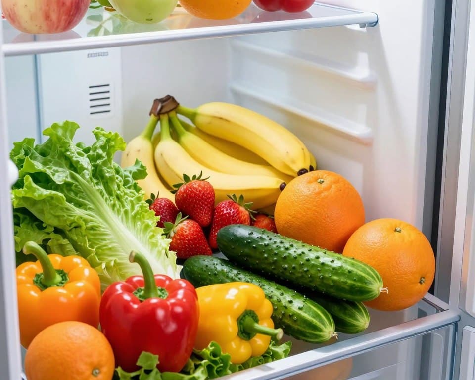 A vibrant fridge crisper drawer filled with an array of fresh produce, showcasing neatly arranged fruits and vegetables. In the foreground, colorful bell peppers, crisp lettuce, and bright green cucumbers rest atop a bed of leafy greens. In the middle ground, juicy red strawberries sit next to ripe bananas and oranges, each displaying their rich, natural hues. The background features a clear view of the fridge walls, highlighting airflow vents and organized sections that promote optimal storage conditions. Soft daylight filters in, illuminating the scene with a warm glow and creating high detail without harsh shadows. The mood is fresh and inviting, emphasizing the importance of proper fridge setup for longevity of produce. A vibrant fridge crisper drawer filled with an array of fresh produce, showcasing neatly arranged fruits and vegetables. In the foreground, colorful bell peppers, crisp lettuce, and bright green cucumbers rest atop a bed of leafy greens. In the middle ground, juicy red strawberries sit next to ripe bananas and oranges, each displaying their rich, natural hues. The background features a clear view of the fridge walls, highlighting airflow vents and organized sections that promote optimal storage conditions. Soft daylight filters in, illuminating the scene with a warm glow and creating high detail without harsh shadows. The mood is fresh and inviting, emphasizing the importance of proper fridge setup for longevity of produce.