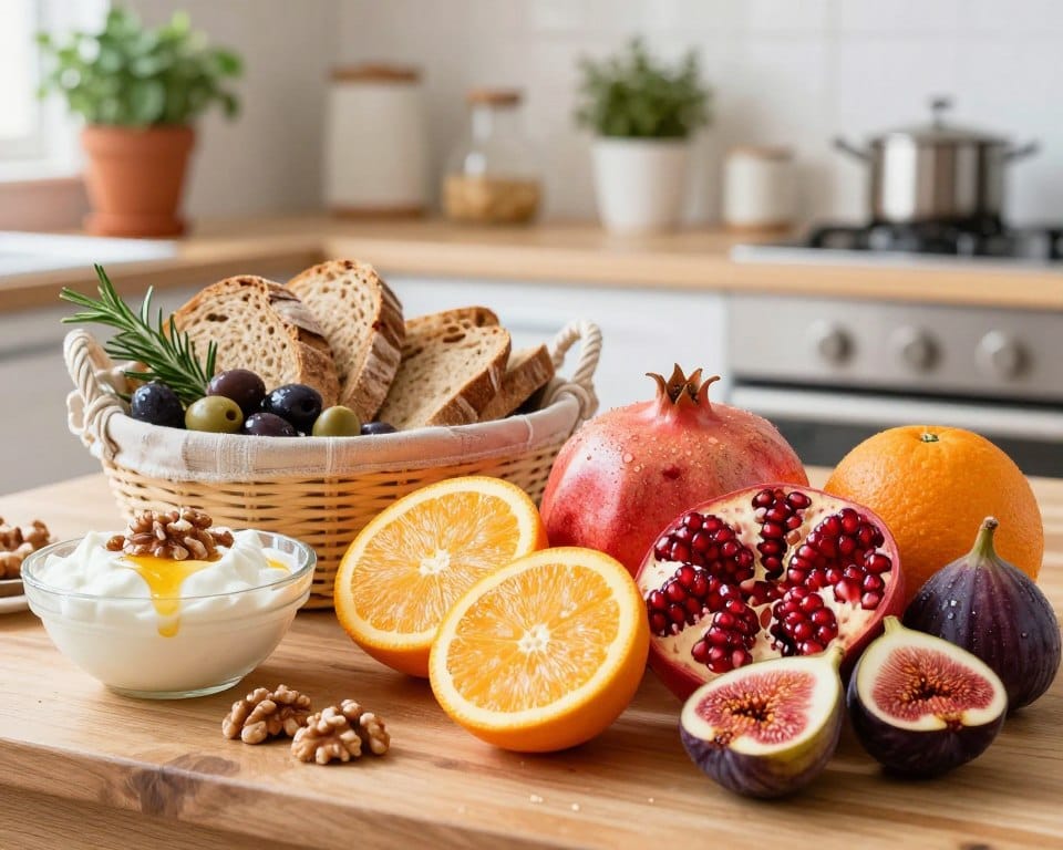 A beautifully arranged Mediterranean diet breakfast featuring an array of colorful winter fruits. In the foreground, a wooden table displays a vibrant centerpiece of freshly sliced oranges, pomegranates, and figs, glistening with dew. To one side, a small bowl of Greek yogurt drizzled with honey and sprinkled with walnuts complements the fruits. The middle ground includes a rustic basket filled with whole grain bread and olives, enhancing the Mediterranean theme. In the background, a sunlit kitchen setting with herbs like rosemary and thyme in pots adds warmth. Soft daylight illuminates the scene, creating a bright, inviting atmosphere with no harsh shadows, showcasing the fresh, vibrant colors of the meal. A beautifully arranged Mediterranean diet breakfast featuring an array of colorful winter fruits. In the foreground, a wooden table displays a vibrant centerpiece of freshly sliced oranges, pomegranates, and figs, glistening with dew. To one side, a small bowl of Greek yogurt drizzled with honey and sprinkled with walnuts complements the fruits. The middle ground includes a rustic basket filled with whole grain bread and olives, enhancing the Mediterranean theme. In the background, a sunlit kitchen setting with herbs like rosemary and thyme in pots adds warmth. Soft daylight illuminates the scene, creating a bright, inviting atmosphere with no harsh shadows, showcasing the fresh, vibrant colors of the meal.