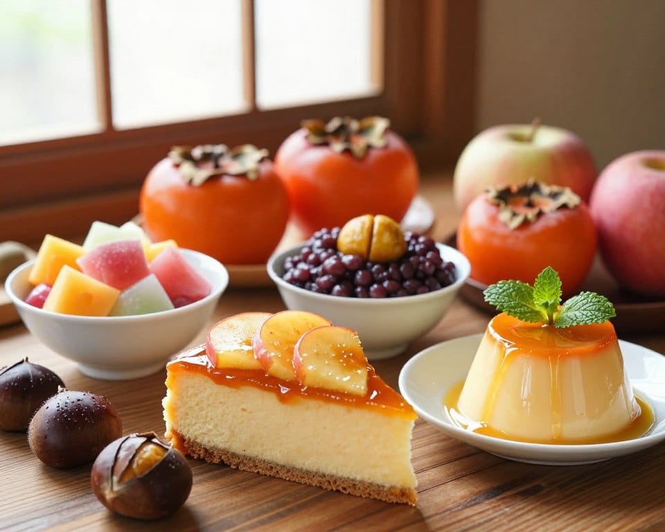A beautifully arranged display of fruit desserts featuring various autumn fruits commonly found in Japan, such as persimmons, chestnuts, and apples. In the foreground, showcase an enticing slice of chestnut cake topped with shiny caramelized apple slices, and a delicate persimmon pudding garnished with mint leaves. The middle ground includes small bowls of colorful fruit salad and mochi filled with sweet red bean paste and chestnut. The background hints at a rustic Japanese tea shop with warm wooden tones and soft daylight streaming through frosted windows, creating a cozy atmosphere. The overall composition uses fresh, vibrant colors to emphasize the natural beauty of the fruits, with a soft focus on the background, to convey warmth and comfort. No harsh shadows, just a gentle, inviting light. A beautifully arranged display of fruit desserts featuring various autumn fruits commonly found in Japan, such as persimmons, chestnuts, and apples. In the foreground, showcase an enticing slice of chestnut cake topped with shiny caramelized apple slices, and a delicate persimmon pudding garnished with mint leaves. The middle ground includes small bowls of colorful fruit salad and mochi filled with sweet red bean paste and chestnut. The background hints at a rustic Japanese tea shop with warm wooden tones and soft daylight streaming through frosted windows, creating a cozy atmosphere. The overall composition uses fresh, vibrant colors to emphasize the natural beauty of the fruits, with a soft focus on the background, to convey warmth and comfort. No harsh shadows, just a gentle, inviting light.