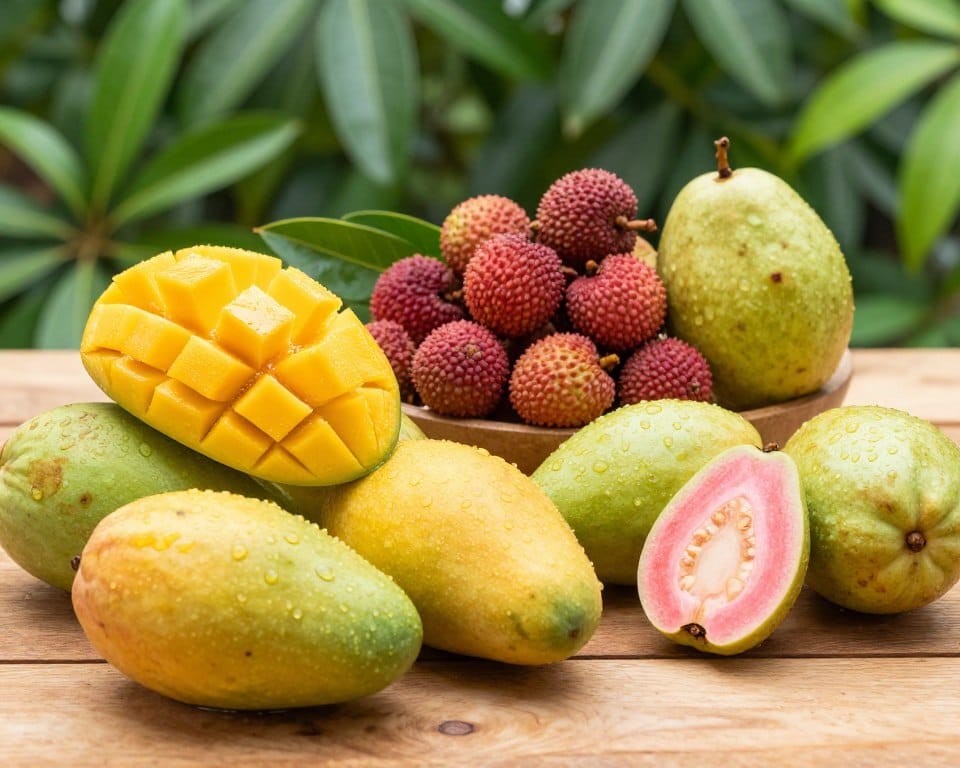 A beautifully arranged display of popular monsoon fruits in India, such as juicy mangoes, succulent lychees, and refreshing guavas, artistically presented on a wooden table. The foreground features fruits with dewdrops for a fresh look, while the middle layer includes a vibrant green backdrop of lush monsoon foliage. The scene is bathed in soft daylight, enhancing the bright, fresh colors of the fruits without harsh shadows. An inviting atmosphere suggests health and vitality, encouraging viewers to immerse in the bounty of the rainy season. The composition uses a slightly elevated angle to capture the textures and colors of the fruits clearly, focusing on their nutritional benefits and appeal. No text or branding is included. A beautifully arranged display of popular monsoon fruits in India, such as juicy mangoes, succulent lychees, and refreshing guavas, artistically presented on a wooden table. The foreground features fruits with dewdrops for a fresh look, while the middle layer includes a vibrant green backdrop of lush monsoon foliage. The scene is bathed in soft daylight, enhancing the bright, fresh colors of the fruits without harsh shadows. An inviting atmosphere suggests health and vitality, encouraging viewers to immerse in the bounty of the rainy season. The composition uses a slightly elevated angle to capture the textures and colors of the fruits clearly, focusing on their nutritional benefits and appeal. No text or branding is included.