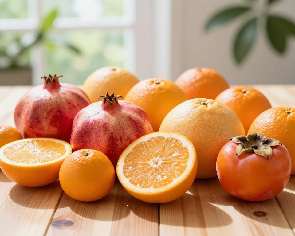 A beautifully arranged display of various Mediterranean winter fruits, including pomegranates, citrus fruits like oranges and grapefruits, and ripe persimmons, showcasing their vibrant colors and textures. In the foreground, each fruit is delicately cut to reveal the juicy, inviting interiors, emphasizing their nutritional value. The middle ground features a wooden table with subtle reflections of natural light, enhancing the freshness of the fruits. In the background, out-of-focus greenery and soft daylight streaming in create a warm, inviting atmosphere, highlighting the theme of health and nutrition. The overall mood is bright and energizing, promoting an appreciation for the richness of winter fruits, with high detail and no harsh shadows. A beautifully arranged display of various Mediterranean winter fruits, including pomegranates, citrus fruits like oranges and grapefruits, and ripe persimmons, showcasing their vibrant colors and textures. In the foreground, each fruit is delicately cut to reveal the juicy, inviting interiors, emphasizing their nutritional value. The middle ground features a wooden table with subtle reflections of natural light, enhancing the freshness of the fruits. In the background, out-of-focus greenery and soft daylight streaming in create a warm, inviting atmosphere, highlighting the theme of health and nutrition. The overall mood is bright and energizing, promoting an appreciation for the richness of winter fruits, with high detail and no harsh shadows.