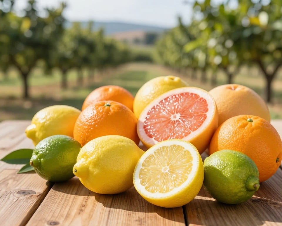 A beautifully arranged display of various citrus fruits, including vibrant oranges, lemons, limes, and grapefruits, sitting on a rustic wooden table. In the foreground, a sliced lemon reveals its juicy interior, glistening in the soft daylight. The middle ground features whole fruits, their skins reflecting fresh, vibrant colors of yellow, green, and orange. In the background, a blurred landscape of a Mediterranean orchard adds depth, with hints of lush greenery under a warm winter sun. The lighting is soft and natural, emphasizing the textures of the fruits and creating a cheerful, inviting atmosphere. The scene captures the essence of Mediterranean winter fruits, showcasing their freshness and appeal. A beautifully arranged display of various citrus fruits, including vibrant oranges, lemons, limes, and grapefruits, sitting on a rustic wooden table. In the foreground, a sliced lemon reveals its juicy interior, glistening in the soft daylight. The middle ground features whole fruits, their skins reflecting fresh, vibrant colors of yellow, green, and orange. In the background, a blurred landscape of a Mediterranean orchard adds depth, with hints of lush greenery under a warm winter sun. The lighting is soft and natural, emphasizing the textures of the fruits and creating a cheerful, inviting atmosphere. The scene captures the essence of Mediterranean winter fruits, showcasing their freshness and appeal.