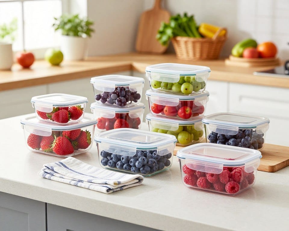 A beautifully arranged kitchen countertop scene featuring various berry storage containers designed to keep berries fresh. In the foreground, showcase a variety of colorful berries like strawberries, blueberries, and raspberries inside transparent, airtight containers made of glass and BPA-free plastic, each with snug-fitting lids. In the middle, include a fresh kitchen towel and a small cutting board, adding a touch of homeliness. The background should have soft-focus kitchen shelves with fresh herbs and fruit baskets, creating a warm and inviting atmosphere. The lighting should be soft daylight flooding in from a nearby window, highlighting the vibrant colors of the berries and containers. Capture the image from a slightly elevated angle to provide a comprehensive view, with high detail and no harsh shadows.