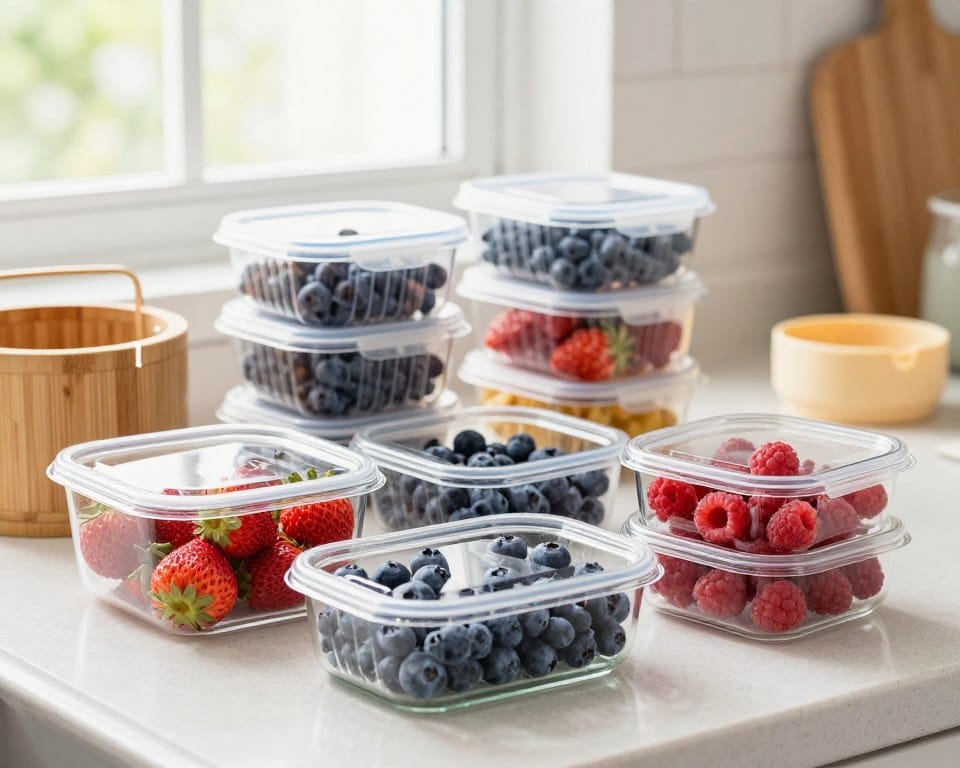 A beautifully arranged kitchen countertop scene showcasing various containers for storing fresh berries. The foreground features clear glass containers with tightly sealed lids, displaying vibrant strawberries, blueberries, and raspberries. Next, in the middle ground, include stackable plastic berry containers with ventilated designs, emphasizing functionality and freshness. Surrounding these, a set of bamboo and silicone storage solutions adds an eco-friendly touch, showcasing diversity in style. In the background, softly blurred, natural light filters through a window, enhancing the freshness of the produce. The overall atmosphere is inviting and bright, with detailed textures of the berries and containers highlighted by soft daylight, creating a warm and appealing kitchen environment.