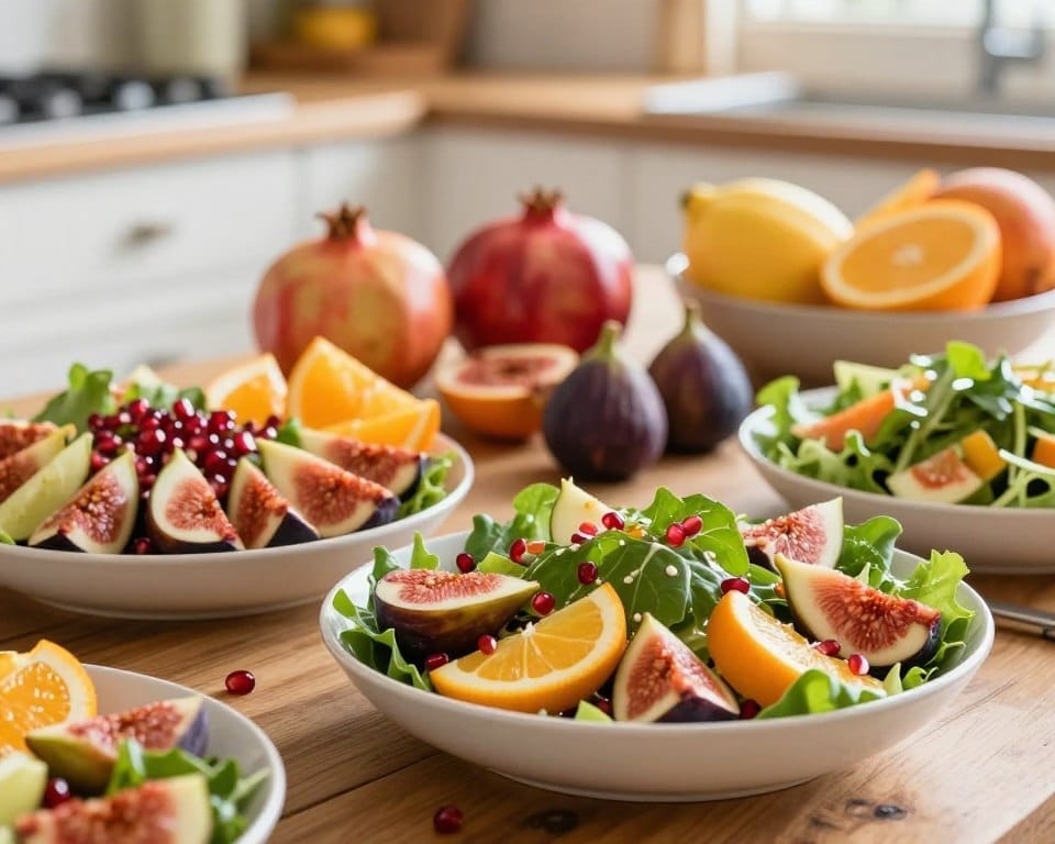 A beautifully arranged selection of fresh salads featuring an abundance of November fruits from Texas, like pomegranate seeds, ripe figs, and citrus slices. The foreground showcases vibrant salads in elegant bowls, garnished with leafy greens and drizzled with light dressings. The middle background includes a rustic wooden table adorned with assorted fruit, emphasizing the seasonal theme. In the far background, a soft-focus kitchen setting bathed in warm, soft daylight creates a cozy atmosphere. The scene is captured with a shallow depth of field, using a close-up angle to highlight the rich colors and textures of the salads. The mood is inviting and healthy, perfect for inspiring viewers to enjoy fresh, seasonal produce.