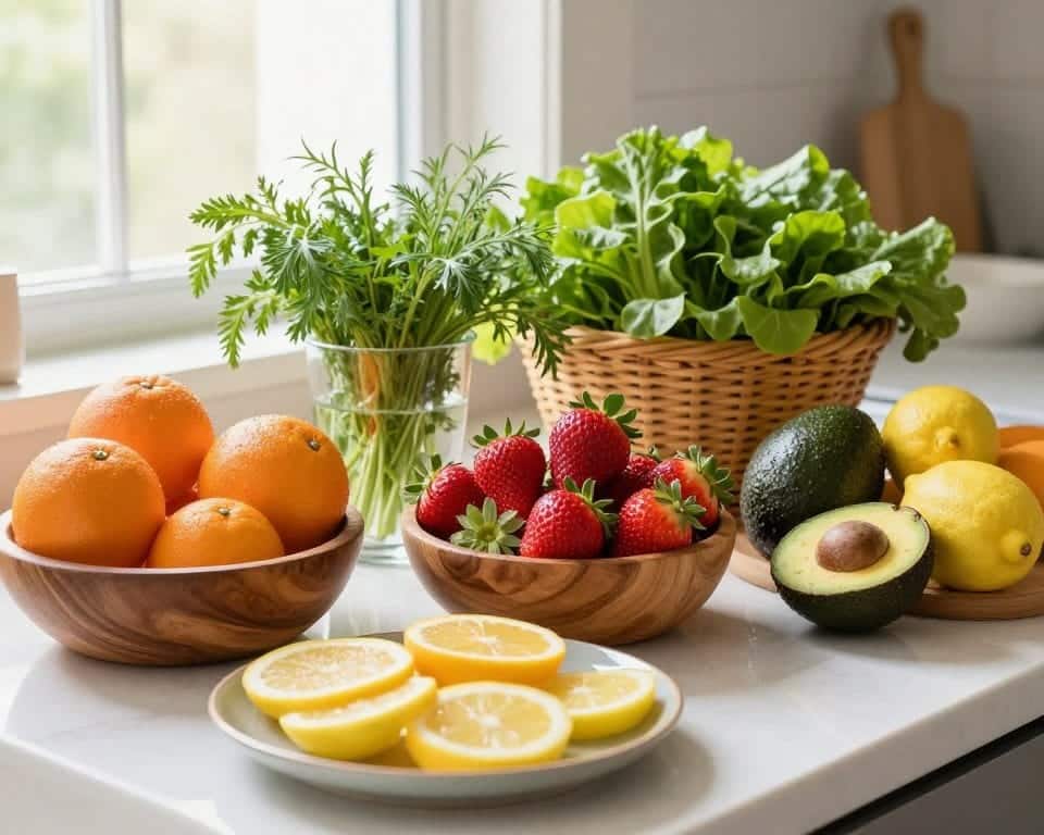 A beautifully organized kitchen countertop filled with an array of fresh March produce from California, including strawberries, oranges, lemons, and avocados, displayed in artisanal wooden bowls. In the foreground, there are plates with sliced fruits showcasing their textures and colors. In the middle, a glass container filled with fresh herbs and a basket overflowing with leafy greens. The background features soft daylight streaming through a window, casting gentle, warm light that highlights the vibrant colors of the produce. The atmosphere is inviting and fresh, evoking the essence of springtime. The image should capture intricate details, such as dew drops on the fruits or the texture of the herbs, creating a lively, wholesome feel. A beautifully organized kitchen countertop filled with an array of fresh March produce from California, including strawberries, oranges, lemons, and avocados, displayed in artisanal wooden bowls. In the foreground, there are plates with sliced fruits showcasing their textures and colors. In the middle, a glass container filled with fresh herbs and a basket overflowing with leafy greens. The background features soft daylight streaming through a window, casting gentle, warm light that highlights the vibrant colors of the produce. The atmosphere is inviting and fresh, evoking the essence of springtime. The image should capture intricate details, such as dew drops on the fruits or the texture of the herbs, creating a lively, wholesome feel.