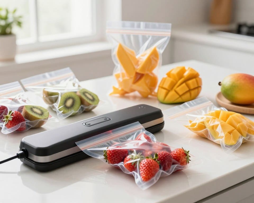 A clean and organized kitchen countertop displaying a variety of freshly cut fruits, such as strawberries, kiwi, and mango, neatly arranged in vacuum-sealed bags. The foreground features a close-up of a vacuum sealer in action, capturing the moment as it removes air from the bags, emphasizing the technology used to extend shelf life. In the middle ground, a few opened vacuum-sealed bags reveal the vibrant, untouched colors of the fruits inside, showcasing their freshness. In the background, soft daylight filters through a window, illuminating the scene and creating a warm, inviting atmosphere. The entire image is detailed, with radiant colors and no harsh shadows, conveying the effectiveness of vacuum-sealing for preserving cut fruit. A clean and organized kitchen countertop displaying a variety of freshly cut fruits, such as strawberries, kiwi, and mango, neatly arranged in vacuum-sealed bags. The foreground features a close-up of a vacuum sealer in action, capturing the moment as it removes air from the bags, emphasizing the technology used to extend shelf life. In the middle ground, a few opened vacuum-sealed bags reveal the vibrant, untouched colors of the fruits inside, showcasing their freshness. In the background, soft daylight filters through a window, illuminating the scene and creating a warm, inviting atmosphere. The entire image is detailed, with radiant colors and no harsh shadows, conveying the effectiveness of vacuum-sealing for preserving cut fruit.