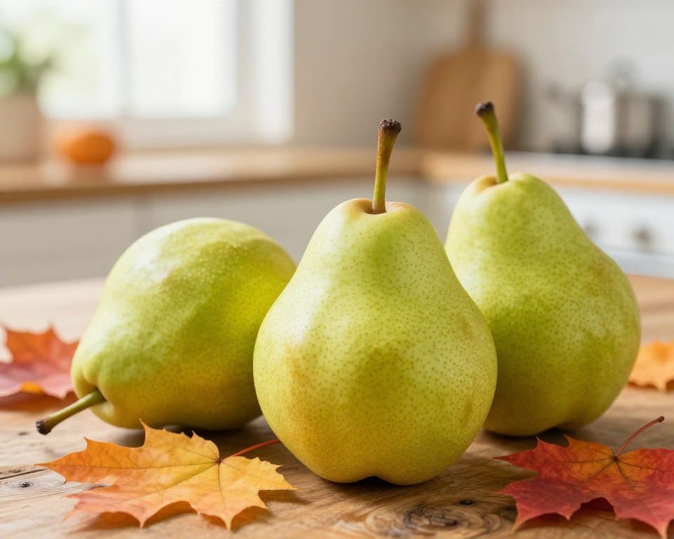 A close-up composition of ripe pears, showcasing their smooth, green skin with subtle hints of golden hues. The pears sit atop a rustic wooden table, partially surrounded by autumn leaves in shades of orange and red, suggesting a warm, seasonal ambiance. In the background, a blurred kitchen scene with soft daylight filtering through a window, casting gentle, diffused light that enhances the freshness of the fruit. The focus is sharp on the pears, revealing their texture in high detail, while the background softly fades to create a cozy, inviting atmosphere for a November meal setting. The overall mood is warm and inviting, celebrating the essence of autumn fruits.