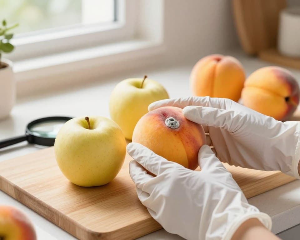 A close-up, hands-on test for mold on fresh fruits in a well-lit kitchen setting. In the foreground, a pair of hands wearing simple white gloves gently inspect a ripe apple and a yellowish-orange peach, showcasing their textures and subtle differences between mold and bruising. The middle ground features a wooden cutting board with a magnifying glass beside the fruits, emphasizing careful examination. In the background, soft daylight filters through a nearby window, casting a warm glow on the scene, enhancing the freshness of the fruits. The atmosphere is calm and educational, inviting viewers to learn about proper fruit inspection. A close-up, hands-on test for mold on fresh fruits in a well-lit kitchen setting. In the foreground, a pair of hands wearing simple white gloves gently inspect a ripe apple and a yellowish-orange peach, showcasing their textures and subtle differences between mold and bruising. The middle ground features a wooden cutting board with a magnifying glass beside the fruits, emphasizing careful examination. In the background, soft daylight filters through a nearby window, casting a warm glow on the scene, enhancing the freshness of the fruits. The atmosphere is calm and educational, inviting viewers to learn about proper fruit inspection.
