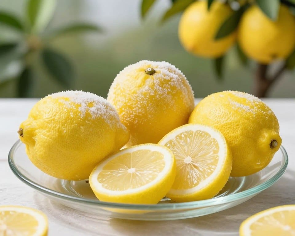 A close-up shot of frozen lemons, showcasing whole lemons and lemon slices artfully arranged on a clear glass plate. The lemons glisten with frost, emphasizing their vibrant yellow color against the cool, shiny glass. In the background, blurred citrus trees can be seen softly illuminated by gentle daylight, enhancing the freshness of the scene. The setting conveys a light and refreshing atmosphere, perfect for presenting effective freezing methods. Use a shallow depth of field to keep the focus on the lemons while subtly incorporating the natural environment. The lighting should be soft, highlighting the texture of the frozen fruit without harsh shadows, creating an inviting and appetizing composition. A close-up shot of frozen lemons, showcasing whole lemons and lemon slices artfully arranged on a clear glass plate. The lemons glisten with frost, emphasizing their vibrant yellow color against the cool, shiny glass. In the background, blurred citrus trees can be seen softly illuminated by gentle daylight, enhancing the freshness of the scene. The setting conveys a light and refreshing atmosphere, perfect for presenting effective freezing methods. Use a shallow depth of field to keep the focus on the lemons while subtly incorporating the natural environment. The lighting should be soft, highlighting the texture of the frozen fruit without harsh shadows, creating an inviting and appetizing composition.