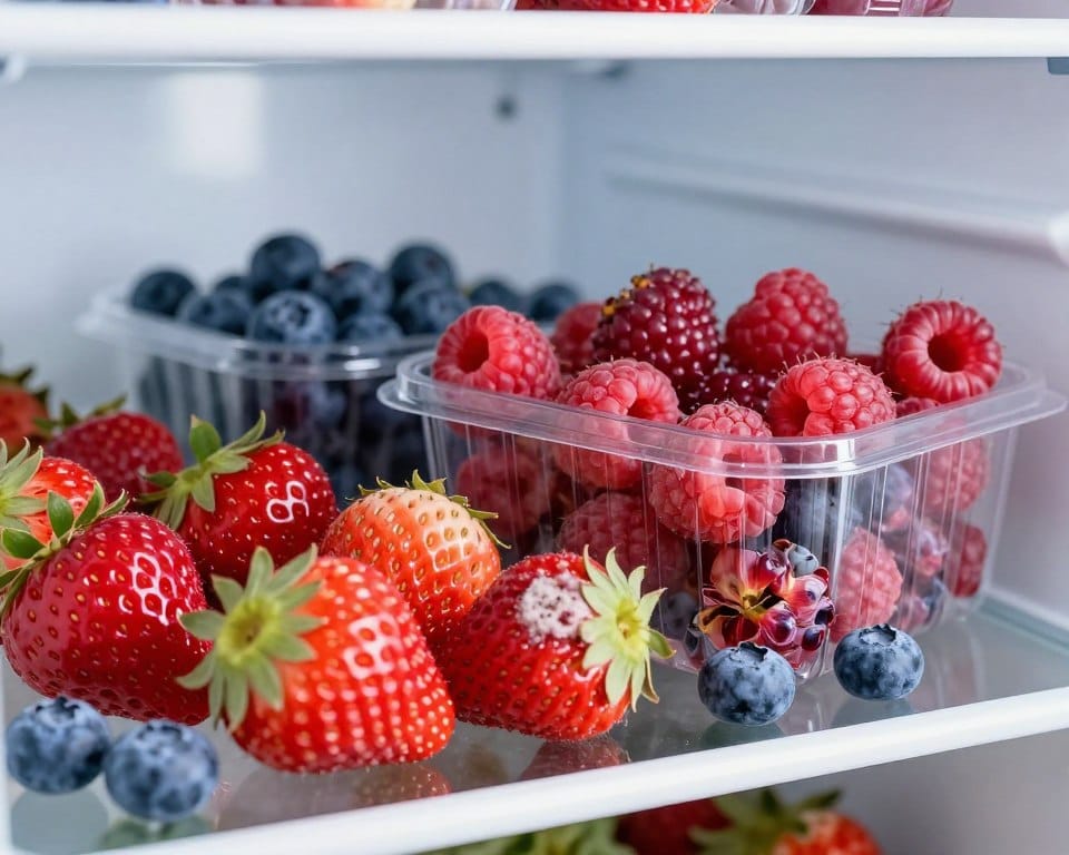 A close-up view of a refrigerator shelf filled with a variety of berries in different stages of spoilage. The foreground features vibrant strawberries and blueberries, some showing a slight mold and squishing, while others remain fresh and glistening. In the middle ground, a half-open container is highlighted, revealing a mix of shiny raspberries alongside some that are wilting and losing their color. The background shows the cool, metallic texture of the refrigerator with soft daylight illuminating the scene, casting gentle reflections and minimizing harsh shadows. The atmosphere conveys a sense of urgency as the fresh berries contrast with the spoiled ones, emphasizing the passage of time. The overall color palette is fresh and vivid, showcasing the beauty and fragility of the berries.