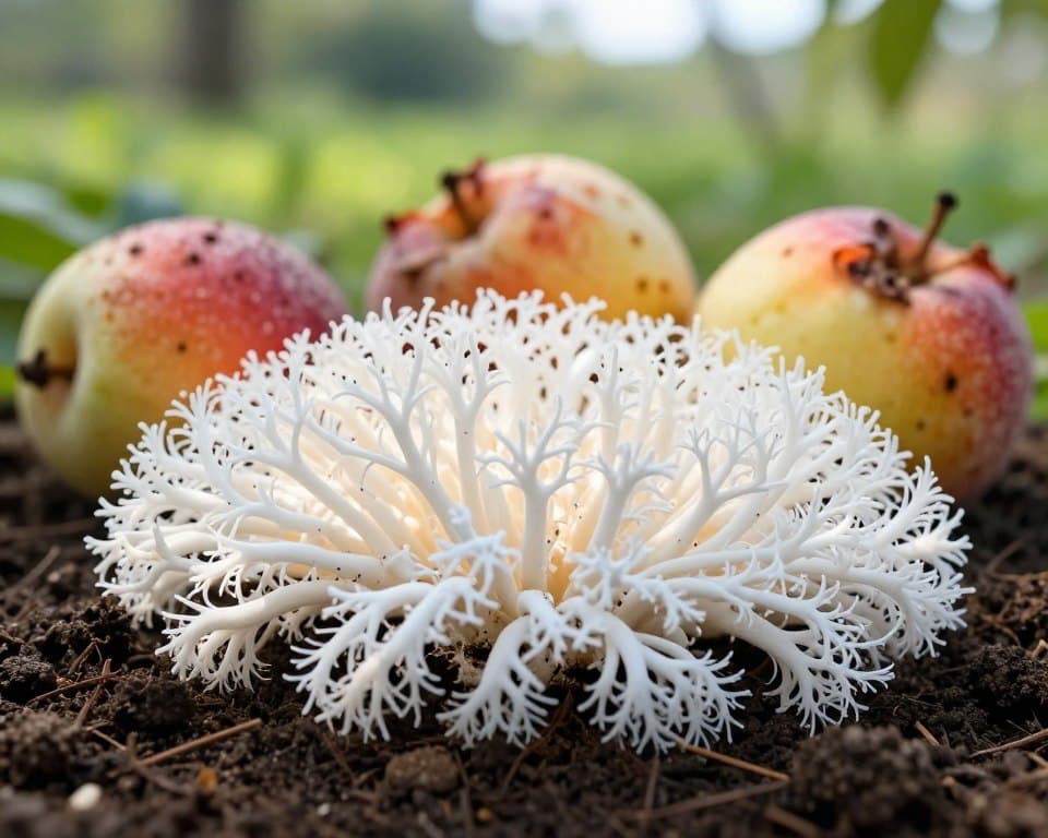 A close-up view of mycelium intricately woven through rich, dark soil, showcasing its delicate, white filaments spreading outwards. In the foreground, focus on the fine textures of the mycelium, highlighted by soft daylight filtering through, casting gentle illuminations on the surface. In the middle ground, faint traces of fruit nearby show subtle signs of bruising and decay, demonstrating the effects of enzymatic action and oxidation. The background features a blurred, lush green landscape to evoke a sense of natural growth and connection to the environment. The color palette should be fresh and vibrant, emphasizing the contrast between the mycelium's bright filaments and the ripe, partially spoiled fruit. The mood is serene, educational, and inviting, creating a compelling visual representation of mycelium and its role in fruit spoilage. A close-up view of mycelium intricately woven through rich, dark soil, showcasing its delicate, white filaments spreading outwards. In the foreground, focus on the fine textures of the mycelium, highlighted by soft daylight filtering through, casting gentle illuminations on the surface. In the middle ground, faint traces of fruit nearby show subtle signs of bruising and decay, demonstrating the effects of enzymatic action and oxidation. The background features a blurred, lush green landscape to evoke a sense of natural growth and connection to the environment. The color palette should be fresh and vibrant, emphasizing the contrast between the mycelium's bright filaments and the ripe, partially spoiled fruit. The mood is serene, educational, and inviting, creating a compelling visual representation of mycelium and its role in fruit spoilage.