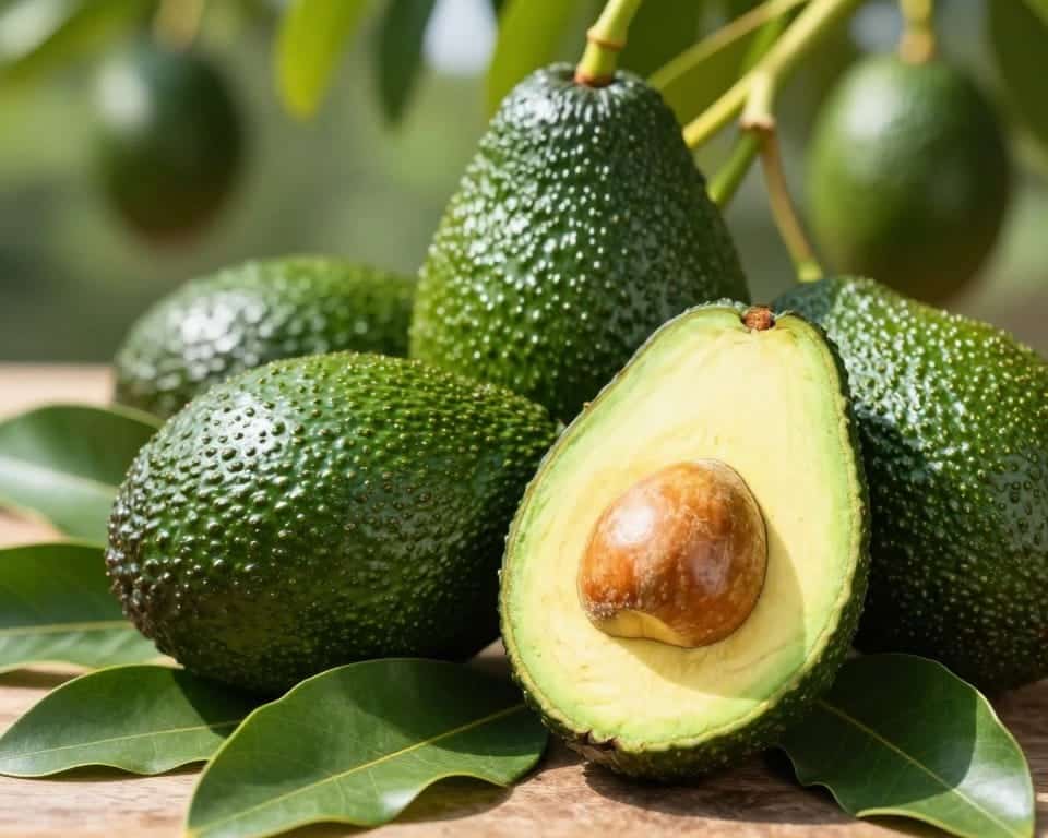 A close-up view of ripe, fresh avocados nestled among lush green leaves, showcasing their smooth, dark green skin and creamy texture. The avocados are arranged in a natural, inviting manner, surrounded by a hint of sunlight filtering through the leaves, casting soft, dappled light across the scene. In the background, there are blurred hints of avocado trees, creating a vibrant, farm-like atmosphere that suggests California’s abundant fruit harvest in March. The overall color palette is fresh and lively, with rich greens and warm tones, evoking the essence of spring. The image should be highly detailed, highlighting the organic textures and showcasing the avocados in a mouthwatering, appetizing way. A close-up view of ripe, fresh avocados nestled among lush green leaves, showcasing their smooth, dark green skin and creamy texture. The avocados are arranged in a natural, inviting manner, surrounded by a hint of sunlight filtering through the leaves, casting soft, dappled light across the scene. In the background, there are blurred hints of avocado trees, creating a vibrant, farm-like atmosphere that suggests California’s abundant fruit harvest in March. The overall color palette is fresh and lively, with rich greens and warm tones, evoking the essence of spring. The image should be highly detailed, highlighting the organic textures and showcasing the avocados in a mouthwatering, appetizing way.