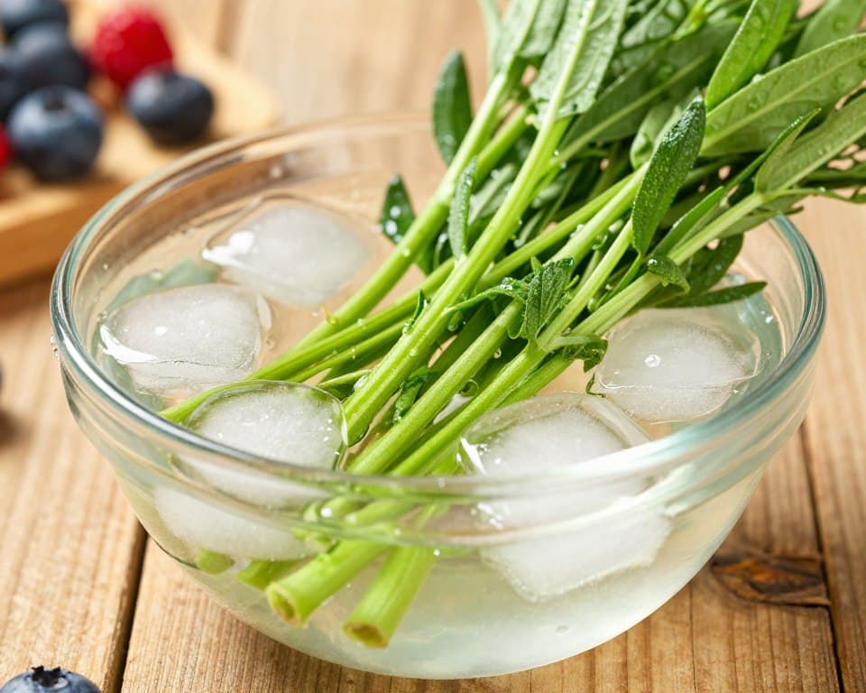 A close-up view of vibrant green herb stems submerged in a clear bowl of icy cold water, with glistening ice cubes floating around. The foreground showcases the delicate textures of the herb leaves, each droplet of water reflecting soft daylight, revealing fresh details. In the middle ground, the bowl is positioned on a rustic wooden table, enhancing the natural ambiance. The background is softly blurred, featuring a gentle arrangement of fresh berries, hinting at their connection to the subject. The lighting is warm yet soft, casting gentle highlights on the herbs and ice, creating a refreshing and revitalizing atmosphere that embodies the idea of reviving wilted produce. A close-up view of vibrant green herb stems submerged in a clear bowl of icy cold water, with glistening ice cubes floating around. The foreground showcases the delicate textures of the herb leaves, each droplet of water reflecting soft daylight, revealing fresh details. In the middle ground, the bowl is positioned on a rustic wooden table, enhancing the natural ambiance. The background is softly blurred, featuring a gentle arrangement of fresh berries, hinting at their connection to the subject. The lighting is warm yet soft, casting gentle highlights on the herbs and ice, creating a refreshing and revitalizing atmosphere that embodies the idea of reviving wilted produce.