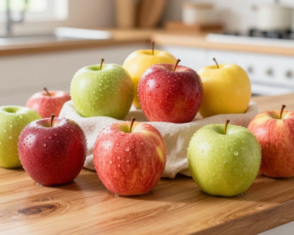 A collection of freshly washed apples, glistening with droplets of water, arranged elegantly on a rustic wooden countertop. In the foreground, showcase a variety of apples – red, green, and yellow, with their vibrant colors reflecting soft daylight. In the middle, a delicate cloth serves as a backdrop, enhancing the sense of freshness and care. The background features a blurred view of a peaceful kitchen, bathed in warm, natural light to create an inviting atmosphere. Use a shallow depth of field to focus on the apples, highlighting their textures and the shine of the water. The overall mood should feel fresh, inviting, and conducive to healthy storage practices, with no harsh shadows or distracting elements in view. A collection of freshly washed apples, glistening with droplets of water, arranged elegantly on a rustic wooden countertop. In the foreground, showcase a variety of apples – red, green, and yellow, with their vibrant colors reflecting soft daylight. In the middle, a delicate cloth serves as a backdrop, enhancing the sense of freshness and care. The background features a blurred view of a peaceful kitchen, bathed in warm, natural light to create an inviting atmosphere. Use a shallow depth of field to focus on the apples, highlighting their textures and the shine of the water. The overall mood should feel fresh, inviting, and conducive to healthy storage practices, with no harsh shadows or distracting elements in view.