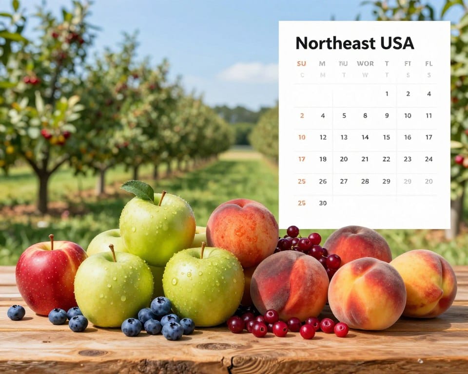 A detailed and vibrant representation of a fruit calendar for the Northeast USA, organized by month. In the foreground, depict a beautifully arranged selection of fruits typical to each month, including apples, blueberries, cranberries, and peaches, placed on a rustic wooden table. In the middle ground, create a soft, blurred background featuring lush orchards and berry patches under clear blue skies. The lighting is soft daylight, enhancing the freshness of the fruits with a spectrum of bright, inviting colors. The angle should provide a slightly elevated view, allowing for a comprehensive look at the fruit arrangement and the natural landscape. The overall mood is cheerful and inviting, evoking the richness of the seasonal harvest. A detailed and vibrant representation of a fruit calendar for the Northeast USA, organized by month. In the foreground, depict a beautifully arranged selection of fruits typical to each month, including apples, blueberries, cranberries, and peaches, placed on a rustic wooden table. In the middle ground, create a soft, blurred background featuring lush orchards and berry patches under clear blue skies. The lighting is soft daylight, enhancing the freshness of the fruits with a spectrum of bright, inviting colors. The angle should provide a slightly elevated view, allowing for a comprehensive look at the fruit arrangement and the natural landscape. The overall mood is cheerful and inviting, evoking the richness of the seasonal harvest.
