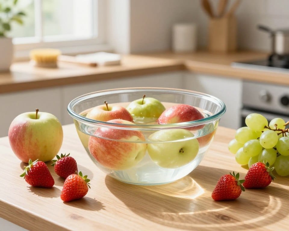 A glass bowl filled with a mixture of water and vinegar sits on a clean, wooden countertop, surrounded by fresh fruits like apples, grapes, and strawberries, ready for washing. Soft daylight streams in through a nearby window, casting gentle highlights and reflecting off the smooth surface of the bowl. Vibrant colors from the fruits contrast beautifully with the transparent bowl. In the background, a neatly organized kitchen can be seen, with essential cleaning tools like a soft brush and measuring cup, hinting at the setup for a clean vinegar bath. The atmosphere is fresh and inviting, emphasizing cleanliness and practicality. The overall image is high in detail, showcasing textures with no harsh shadows, creating a warm, pleasant mood perfect for the article's subject.