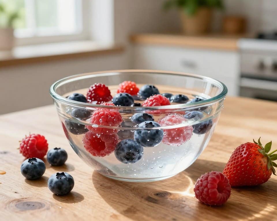 A glass bowl filled with crystal-clear cold water sits on a rustic wooden table, surrounded by a few fresh, vibrant berries—blueberries, raspberries, and strawberries—showing signs of wilting. The light pours in softly from a nearby window, creating a warm and inviting atmosphere with natural daylight illuminating the water’s surface, causing gentle reflections. In the background, a blurred kitchen setting adds depth, featuring light-colored cabinetry and a hint of greenery from a potted herb. The focus is on the bowl, capturing every droplet of water and the slight shimmer of the berries, evoking the freshness and revitalization they're about to experience. The overall mood is refreshing and uplifting, perfect for highlighting the rejuvenating effect of cold water. A glass bowl filled with crystal-clear cold water sits on a rustic wooden table, surrounded by a few fresh, vibrant berries—blueberries, raspberries, and strawberries—showing signs of wilting. The light pours in softly from a nearby window, creating a warm and inviting atmosphere with natural daylight illuminating the water’s surface, causing gentle reflections. In the background, a blurred kitchen setting adds depth, featuring light-colored cabinetry and a hint of greenery from a potted herb. The focus is on the bowl, capturing every droplet of water and the slight shimmer of the berries, evoking the freshness and revitalization they're about to experience. The overall mood is refreshing and uplifting, perfect for highlighting the rejuvenating effect of cold water.