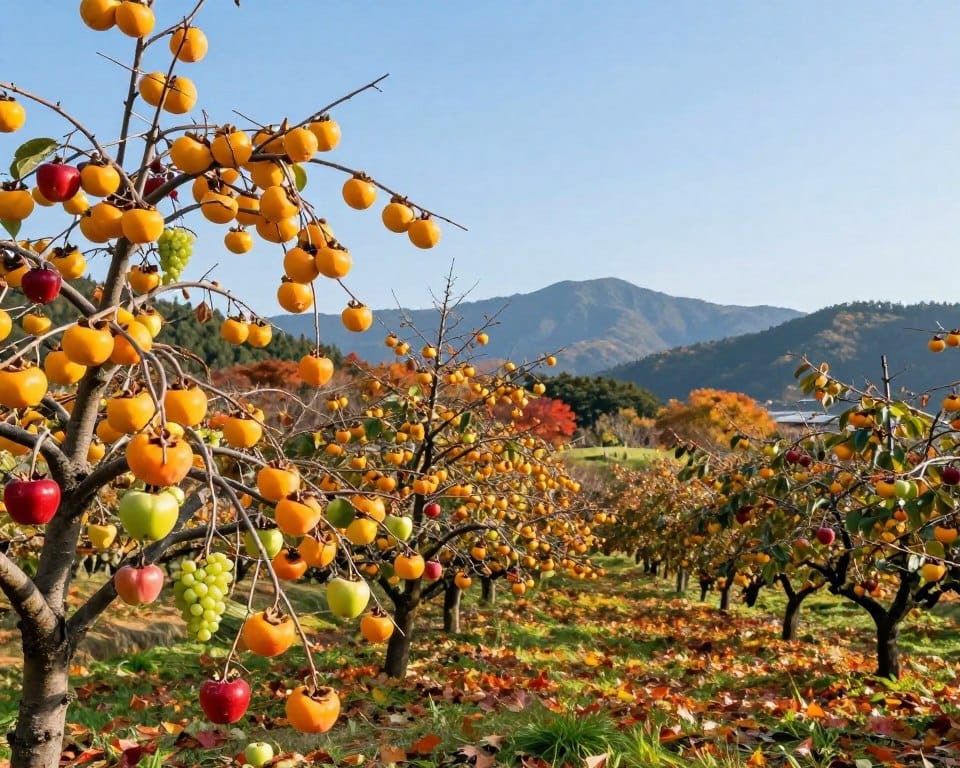 A picturesque autumn scene in Japan, showcasing a lush orchard filled with vibrant, ripe autumn fruits such as persimmons, apples, and grapes. In the foreground, a tree laden with golden-yellow persimmons contrasts beautifully with the deep red and green apples hanging nearby. The middle ground features gently rolling hills drenched in soft daylight, dotted with colorful patches of fallen leaves. The background displays the silhouette of distant mountains under a clear, blue sky. The atmosphere is warm and inviting, capturing the essence of the bountiful harvest season. The lighting is soft and diffused, enhancing the freshness and vibrancy of the fruit colors, creating a serene and joyful autumn mood. High detail, no harsh shadows. A picturesque autumn scene in Japan, showcasing a lush orchard filled with vibrant, ripe autumn fruits such as persimmons, apples, and grapes. In the foreground, a tree laden with golden-yellow persimmons contrasts beautifully with the deep red and green apples hanging nearby. The middle ground features gently rolling hills drenched in soft daylight, dotted with colorful patches of fallen leaves. The background displays the silhouette of distant mountains under a clear, blue sky. The atmosphere is warm and inviting, capturing the essence of the bountiful harvest season. The lighting is soft and diffused, enhancing the freshness and vibrancy of the fruit colors, creating a serene and joyful autumn mood. High detail, no harsh shadows.