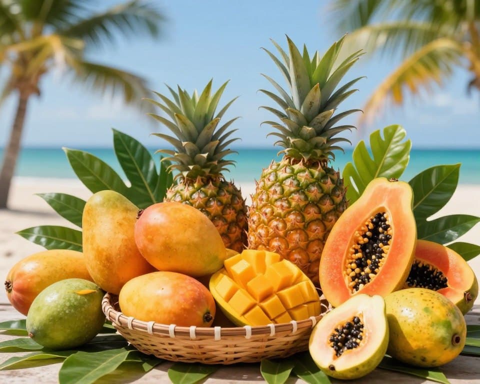 A vibrant arrangement of fresh Caribbean summer fruits, featuring ripe mangoes, whole pineapples, juicy papayas, and succulent guavas. The foreground showcases a colorful woven basket brimming with these fruits, highlighted by soft daylight enhancing their natural hues, with rich oranges, yellows, and greens. In the middle, lush tropical leaves surround the basket, adding depth and a sense of abundance. The background features a blurred tropical landscape, with hints of sandy beaches and palm trees softly illuminated by a clear blue sky, creating a warm, inviting atmosphere. The scene captures the essence of summer freshness and the rich bounty of the Caribbean, evoking a sense of joy and abundance. High detail, with no harsh shadows, focusing on vibrant colors and textures. A vibrant arrangement of fresh Caribbean summer fruits, featuring ripe mangoes, whole pineapples, juicy papayas, and succulent guavas. The foreground showcases a colorful woven basket brimming with these fruits, highlighted by soft daylight enhancing their natural hues, with rich oranges, yellows, and greens. In the middle, lush tropical leaves surround the basket, adding depth and a sense of abundance. The background features a blurred tropical landscape, with hints of sandy beaches and palm trees softly illuminated by a clear blue sky, creating a warm, inviting atmosphere. The scene captures the essence of summer freshness and the rich bounty of the Caribbean, evoking a sense of joy and abundance. High detail, with no harsh shadows, focusing on vibrant colors and textures.