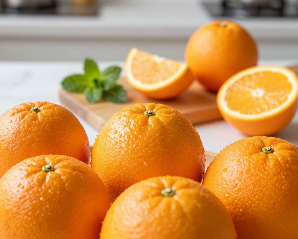 A vibrant assortment of fresh oranges fills the foreground, showcasing their rich orange skin with highlights glistening in soft daylight. Some oranges are whole, while others are sliced to reveal their juicy, glistening segments. In the middle ground, a wooden cutting board is slightly visible, sprinkled with fresh mint leaves to add a touch of greenery. The background features a blurred kitchen setting, subtly emphasizing an inviting atmosphere. The light is warm and inviting, softly illuminating the oranges and enhancing their colors without harsh shadows. The overall mood is fresh and cheerful, making the viewer feel inspired to prepare and freeze citrus segments. A vibrant assortment of fresh oranges fills the foreground, showcasing their rich orange skin with highlights glistening in soft daylight. Some oranges are whole, while others are sliced to reveal their juicy, glistening segments. In the middle ground, a wooden cutting board is slightly visible, sprinkled with fresh mint leaves to add a touch of greenery. The background features a blurred kitchen setting, subtly emphasizing an inviting atmosphere. The light is warm and inviting, softly illuminating the oranges and enhancing their colors without harsh shadows. The overall mood is fresh and cheerful, making the viewer feel inspired to prepare and freeze citrus segments.