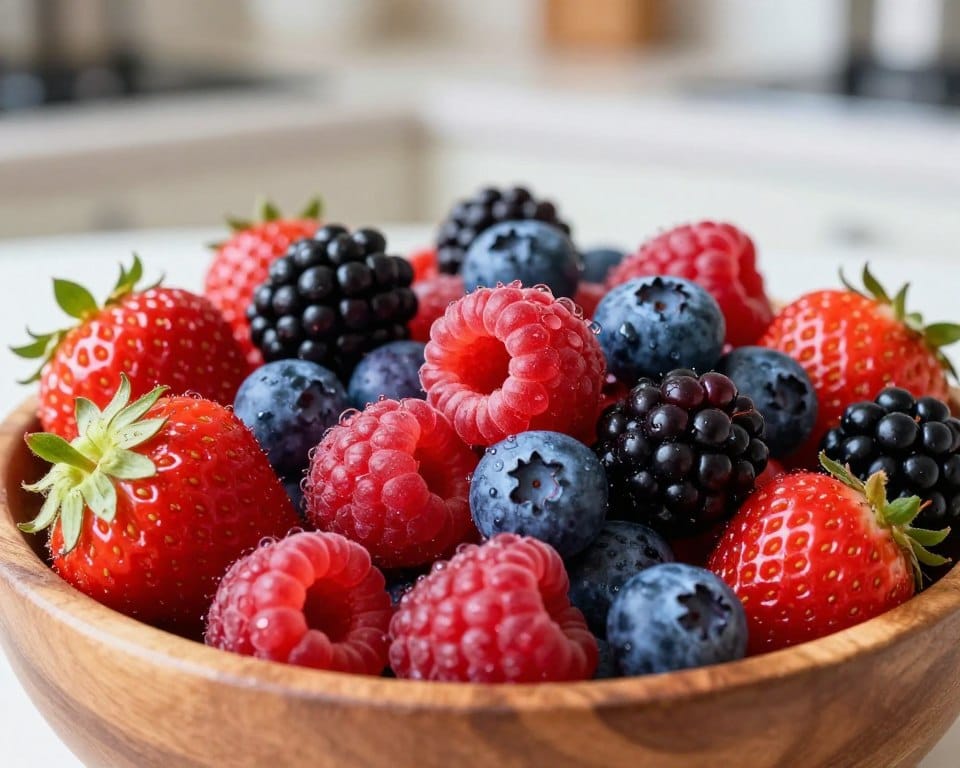 A vibrant, close-up image of a variety of fresh berries, including strawberries, raspberries, blueberries, and blackberries, artfully arranged in a medium-sized wooden bowl. The berries glisten with tiny droplets of water, showcasing their freshness after being washed. The foreground features the bowl filled to the brim with colorful berries, their rich reds, blues, and purples contrasting beautifully. In the middle background, a soft, blurred kitchen countertop hints at a clean, inviting space. The lighting is soft daylight, illuminating the scene without harsh shadows, enhancing the vivid colors of the berries. The overall atmosphere is fresh, inviting, and appetizing, conveying a sense of health and cleanliness. No text or additional elements are present, focusing purely on the beauty of the berries. A vibrant, close-up image of a variety of fresh berries, including strawberries, raspberries, blueberries, and blackberries, artfully arranged in a medium-sized wooden bowl. The berries glisten with tiny droplets of water, showcasing their freshness after being washed. The foreground features the bowl filled to the brim with colorful berries, their rich reds, blues, and purples contrasting beautifully. In the middle background, a soft, blurred kitchen countertop hints at a clean, inviting space. The lighting is soft daylight, illuminating the scene without harsh shadows, enhancing the vivid colors of the berries. The overall atmosphere is fresh, inviting, and appetizing, conveying a sense of health and cleanliness. No text or additional elements are present, focusing purely on the beauty of the berries.