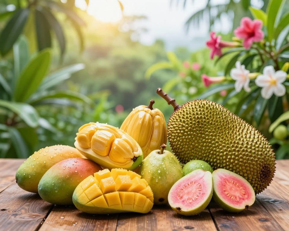 A vibrant collection of seasonal monsoon fruits displayed on a rustic wooden table in a lush green garden setting. In the foreground, juicy mangoes, tender guavas, and plump jackfruits glisten with dew, showcasing their fresh colors and textures. The middle ground features tropical foliage, with soft sunlight filtering through the leaves, creating a warm and inviting atmosphere. In the background, rain-kissed flowers bloom, adding splashes of color against a blurred, sunny sky. The scene is captured with a close-up lens, emphasizing the intricate details of the fruits, under soft daylight that enhances their natural beauty without harsh shadows. The overall mood is cheerful and refreshing, celebrating the joys of seasonal eating. A vibrant collection of seasonal monsoon fruits displayed on a rustic wooden table in a lush green garden setting. In the foreground, juicy mangoes, tender guavas, and plump jackfruits glisten with dew, showcasing their fresh colors and textures. The middle ground features tropical foliage, with soft sunlight filtering through the leaves, creating a warm and inviting atmosphere. In the background, rain-kissed flowers bloom, adding splashes of color against a blurred, sunny sky. The scene is captured with a close-up lens, emphasizing the intricate details of the fruits, under soft daylight that enhances their natural beauty without harsh shadows. The overall mood is cheerful and refreshing, celebrating the joys of seasonal eating.
