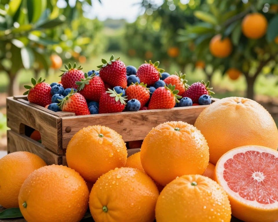 A vibrant display of January produce from Florida, featuring a variety of seasonal fruits. In the foreground, fresh oranges and grapefruits glisten with dew, their rich, bright colors contrasting beautifully. In the middle ground, a rustic wooden crate overflowing with ripe strawberries and plump blueberries, capturing the essence of winter harvest. The background includes lush green foliage, suggesting a sunny orange orchard under soft daylight, casting gentle, diffused lighting that highlights the natural colors without harsh shadows. The atmosphere is fresh and inviting, embodying the warmth of Florida in January, evoking a sense of abundance and health. No text or any other distractions are present in the composition. A vibrant display of January produce from Florida, featuring a variety of seasonal fruits. In the foreground, fresh oranges and grapefruits glisten with dew, their rich, bright colors contrasting beautifully. In the middle ground, a rustic wooden crate overflowing with ripe strawberries and plump blueberries, capturing the essence of winter harvest. The background includes lush green foliage, suggesting a sunny orange orchard under soft daylight, casting gentle, diffused lighting that highlights the natural colors without harsh shadows. The atmosphere is fresh and inviting, embodying the warmth of Florida in January, evoking a sense of abundance and health. No text or any other distractions are present in the composition.