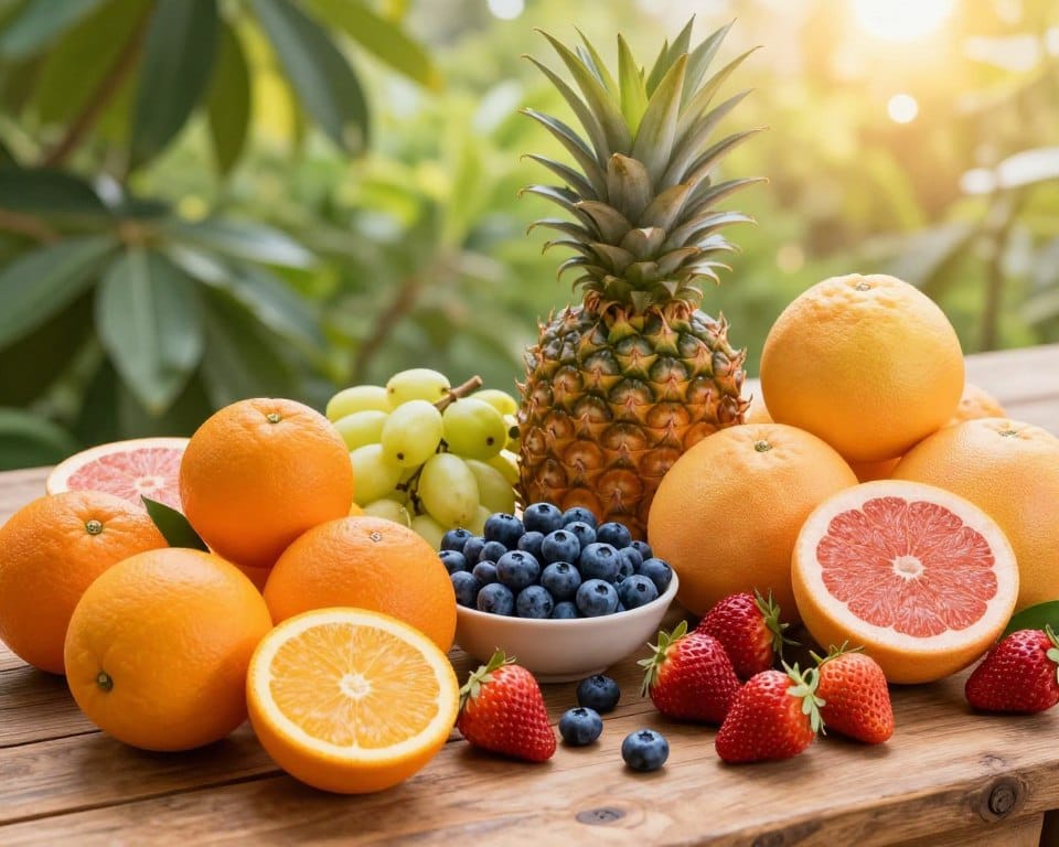 A vibrant display of fresh fruits typical of Florida in January, arranged artistically on a rustic wooden table. In the foreground, showcase plump, juicy oranges, grapefruits, and ripe strawberries, their colors bursting with life. In the middle, include a scattering of blueberries and pineapples, emphasizing their textures and freshness. The background should feature lush green foliage and the golden glow of soft daylight filtering through leaves, creating an inviting atmosphere. Capture this scene from a slightly elevated angle to highlight the colorful array of fruits. The overall mood is warm and inviting, emphasizing the richness and abundance of seasonal produce, with high detail and vivid colors to enhance the appeal of the fresh bounty. A vibrant display of fresh fruits typical of Florida in January, arranged artistically on a rustic wooden table. In the foreground, showcase plump, juicy oranges, grapefruits, and ripe strawberries, their colors bursting with life. In the middle, include a scattering of blueberries and pineapples, emphasizing their textures and freshness. The background should feature lush green foliage and the golden glow of soft daylight filtering through leaves, creating an inviting atmosphere. Capture this scene from a slightly elevated angle to highlight the colorful array of fruits. The overall mood is warm and inviting, emphasizing the richness and abundance of seasonal produce, with high detail and vivid colors to enhance the appeal of the fresh bounty.