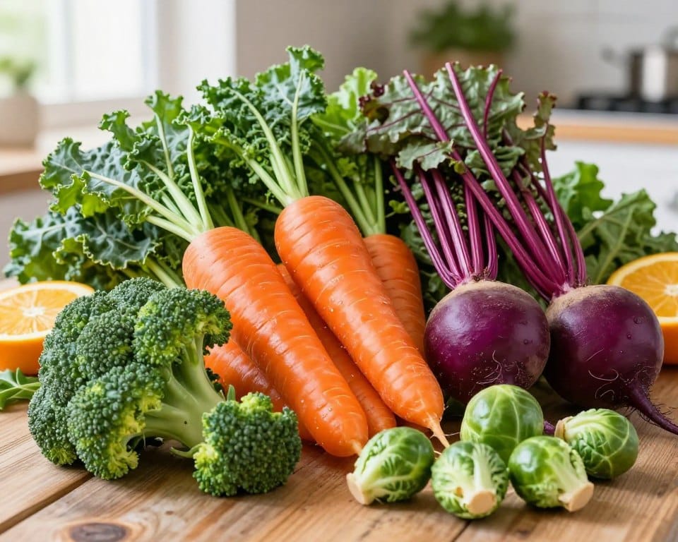 A vibrant display of winter vegetables, featuring leafy kale, bright orange carrots, and deep purple beets, arranged artfully on a rustic wooden table. In the foreground, fresh broccoli florets and Brussels sprouts add texture and color. The middle ground showcases the vegetables surrounded by hints of January fruits like citrus slices, creating a harmonious blend of colors and shapes. Soft daylight filters in from the left, casting gentle highlights on the glossy surfaces of the vegetables, enhancing their fresh and vibrant colors while avoiding harsh shadows. The background remains softly blurred, suggesting a cozy kitchen environment with hints of green herbs for added warmth. The overall atmosphere is inviting and cheerful, reflecting the essence of winter produce in a natural, organic setting. A vibrant display of winter vegetables, featuring leafy kale, bright orange carrots, and deep purple beets, arranged artfully on a rustic wooden table. In the foreground, fresh broccoli florets and Brussels sprouts add texture and color. The middle ground showcases the vegetables surrounded by hints of January fruits like citrus slices, creating a harmonious blend of colors and shapes. Soft daylight filters in from the left, casting gentle highlights on the glossy surfaces of the vegetables, enhancing their fresh and vibrant colors while avoiding harsh shadows. The background remains softly blurred, suggesting a cozy kitchen environment with hints of green herbs for added warmth. The overall atmosphere is inviting and cheerful, reflecting the essence of winter produce in a natural, organic setting.