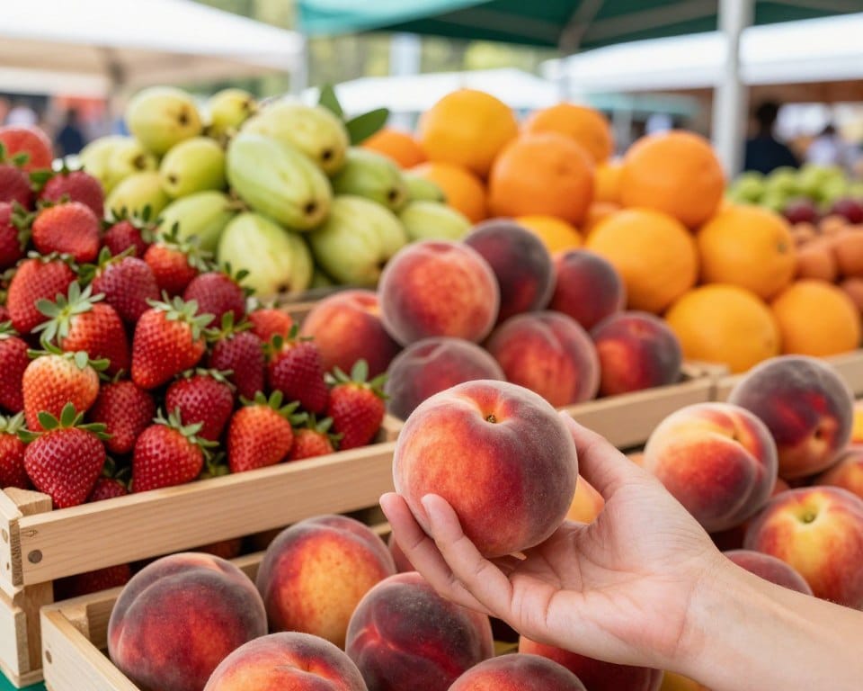 A vibrant farmers market scene filled with an enticing selection of fresh spring fruits in Australia, such as plump strawberries, juicy peaches, ripe nectarines, and tangy citrus fruits, artfully arranged in wooden crates. In the foreground, focus on a close-up of a hand selecting a perfectly ripe peach, showcasing the tactile experience of picking fruit. The middle section captures a diverse array of fruits with rich colors and textures, emphasizing freshness and quality. The background features soft daylight filtering through market canopies, enhancing the warm, inviting atmosphere. The composition is balanced and engaging, with no harsh shadows, highlighting the joy of spring fruit selection in a lush, lively setting. A vibrant farmers market scene filled with an enticing selection of fresh spring fruits in Australia, such as plump strawberries, juicy peaches, ripe nectarines, and tangy citrus fruits, artfully arranged in wooden crates. In the foreground, focus on a close-up of a hand selecting a perfectly ripe peach, showcasing the tactile experience of picking fruit. The middle section captures a diverse array of fruits with rich colors and textures, emphasizing freshness and quality. The background features soft daylight filtering through market canopies, enhancing the warm, inviting atmosphere. The composition is balanced and engaging, with no harsh shadows, highlighting the joy of spring fruit selection in a lush, lively setting.