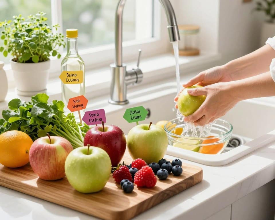 A vibrant kitchen scene filled with fresh fruits and vegetables, emphasizing produce-specific guidance. In the foreground, a wooden cutting board displays various fruits like apples, berries, and leafy greens, each with small, colorful labels indicating vinegar ratios for effective washing. In the middle ground, a well-lit sink is filled with a few fruits being rinsed, surrounded by bowls of vinegar solutions, showcasing the ideal ratios. The background features a sunny window with potted herbs, creating a fresh and inviting atmosphere. Soft daylight filters through, casting gentle light without harsh shadows, enhancing the vivid colors of the produce. The mood is clean, educational, and encouraging healthy practices.