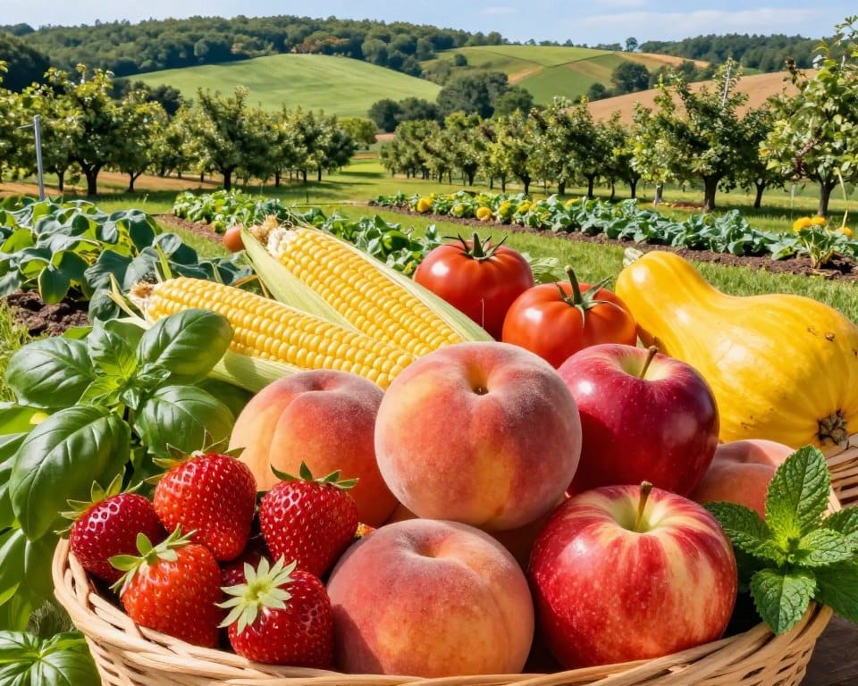 A vibrant summer harvest display, featuring an array of colorful fruits and vegetables typical of the Northeast USA in July to September. In the foreground, plump, ripe strawberries, juicy peaches, and shiny red apples are artistically arranged in a woven basket, surrounded by green leafy herbs like basil and mint. The middle ground showcases a lush vegetable garden with rows of vibrant corn, ripe tomatoes, and bright yellow squash, basking in the warm sunlight. In the background, idyllic rolling hills are dotted with patches of orchards, reflecting the lush greenery of summer. The scene is softly lit with natural daylight, creating a warm and inviting atmosphere, with high detail and fresh, vibrant colors that capture the essence of a bountiful summer harvest. A vibrant summer harvest display, featuring an array of colorful fruits and vegetables typical of the Northeast USA in July to September. In the foreground, plump, ripe strawberries, juicy peaches, and shiny red apples are artistically arranged in a woven basket, surrounded by green leafy herbs like basil and mint. The middle ground showcases a lush vegetable garden with rows of vibrant corn, ripe tomatoes, and bright yellow squash, basking in the warm sunlight. In the background, idyllic rolling hills are dotted with patches of orchards, reflecting the lush greenery of summer. The scene is softly lit with natural daylight, creating a warm and inviting atmosphere, with high detail and fresh, vibrant colors that capture the essence of a bountiful summer harvest.