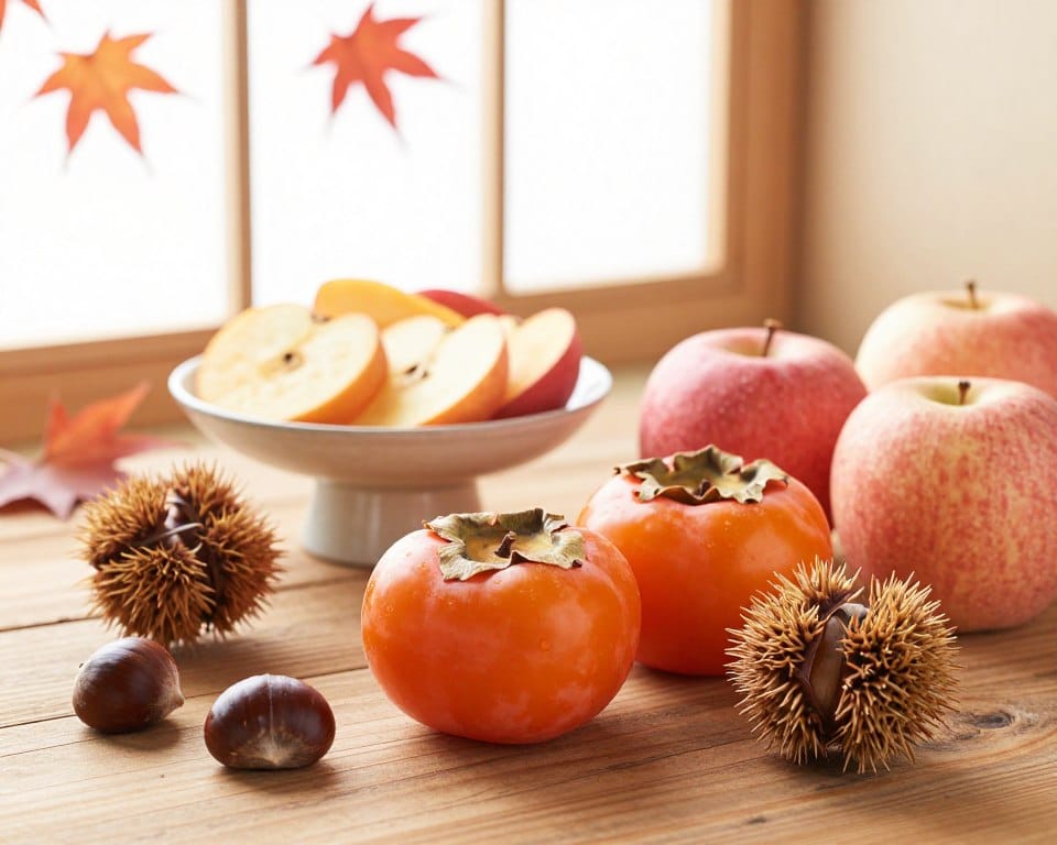 A visually stunning arrangement of autumn fruits native to Japan, featuring vibrant persimmons, sweet chestnuts, and luscious apples, displayed on a rustic wooden table. In the foreground, showcase the fruits in high detail, highlighting their textures—glossy skins of the persimmons, rough, spiky exterior of the chestnuts, and smooth, crisp apples. The middle ground includes a delicate ceramic bowl filled with sliced fruits, inviting viewers to appreciate the colors and flavors available. Soft daylight filters through an open window, illuminating the scene with warm, natural light and creating a cozy, inviting atmosphere. The background features blurred outlines of Japanese maple leaves, echoing the autumn theme. No text or additional elements are present to detract from the focus on the fruits. A visually stunning arrangement of autumn fruits native to Japan, featuring vibrant persimmons, sweet chestnuts, and luscious apples, displayed on a rustic wooden table. In the foreground, showcase the fruits in high detail, highlighting their textures—glossy skins of the persimmons, rough, spiky exterior of the chestnuts, and smooth, crisp apples. The middle ground includes a delicate ceramic bowl filled with sliced fruits, inviting viewers to appreciate the colors and flavors available. Soft daylight filters through an open window, illuminating the scene with warm, natural light and creating a cozy, inviting atmosphere. The background features blurred outlines of Japanese maple leaves, echoing the autumn theme. No text or additional elements are present to detract from the focus on the fruits.