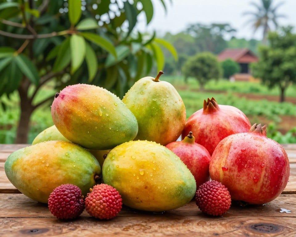 A vivid display of monsoon fruits commonly grown in India, featuring ripe mangos, sweet lychees, juicy guavas, and vibrant pomegranates arranged artfully on a rustic wooden table. In the foreground, focus on the glistening dew on the fruits, highlighting their freshness. The middle ground showcases lush green foliage, symbolizing the rich Indian landscape where these fruits thrive. In the background, subtle hints of traditional Indian farms or orchards can be seen, emphasizing the regional context. Soft daylight bathes the scene, creating a warm and inviting atmosphere with fresh, vibrant colors and no harsh shadows, evoking the essence of the monsoon season. A vivid display of monsoon fruits commonly grown in India, featuring ripe mangos, sweet lychees, juicy guavas, and vibrant pomegranates arranged artfully on a rustic wooden table. In the foreground, focus on the glistening dew on the fruits, highlighting their freshness. The middle ground showcases lush green foliage, symbolizing the rich Indian landscape where these fruits thrive. In the background, subtle hints of traditional Indian farms or orchards can be seen, emphasizing the regional context. Soft daylight bathes the scene, creating a warm and inviting atmosphere with fresh, vibrant colors and no harsh shadows, evoking the essence of the monsoon season.