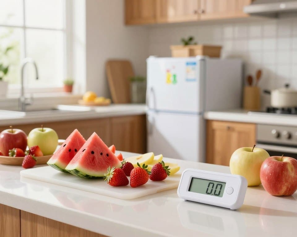 A well-organized kitchen countertop featuring an array of freshly cut fruits, including vibrant slices of watermelon, strawberries, and apples, arranged neatly on a white cutting board. In the foreground, a digital thermometer measures the temperature of the fruits, emphasizing the importance of food safety. The middle-ground includes a small fridge adorned with a colorful date label indicating freshness, while the background shows a soft, sunlit kitchen with warm wooden cabinets and a window allowing natural light to illuminate the scene. The atmosphere is clean and inviting, with a focus on freshness and safety in food preparation. Soft daylight enhances the vibrant colors of the fruits, creating a wholesome and informative image that conveys food safety principles effectively. A well-organized kitchen countertop featuring an array of freshly cut fruits, including vibrant slices of watermelon, strawberries, and apples, arranged neatly on a white cutting board. In the foreground, a digital thermometer measures the temperature of the fruits, emphasizing the importance of food safety. The middle-ground includes a small fridge adorned with a colorful date label indicating freshness, while the background shows a soft, sunlit kitchen with warm wooden cabinets and a window allowing natural light to illuminate the scene. The atmosphere is clean and inviting, with a focus on freshness and safety in food preparation. Soft daylight enhances the vibrant colors of the fruits, creating a wholesome and informative image that conveys food safety principles effectively.