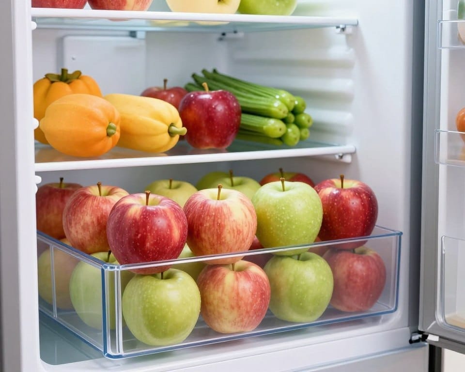 A well-organized refrigerator scene featuring fresh apples stored in a crisper drawer. In the foreground, vividly colored red and green apples are neatly arranged in a clear, compartmentalized crisper. The middle ground shows the refrigerator shelves lined with various fruits and vegetables, emphasizing a clean and organized interior. The background reveals the open door of the fridge, with soft daylight filtering in, creating a bright and inviting atmosphere. The lighting is soft with no harsh shadows, highlighting the freshness of the apples and the overall environment. The image should capture a feeling of freshness and clarity, illustrating the best practices for storing apples at home. A well-organized refrigerator scene featuring fresh apples stored in a crisper drawer. In the foreground, vividly colored red and green apples are neatly arranged in a clear, compartmentalized crisper. The middle ground shows the refrigerator shelves lined with various fruits and vegetables, emphasizing a clean and organized interior. The background reveals the open door of the fridge, with soft daylight filtering in, creating a bright and inviting atmosphere. The lighting is soft with no harsh shadows, highlighting the freshness of the apples and the overall environment. The image should capture a feeling of freshness and clarity, illustrating the best practices for storing apples at home.